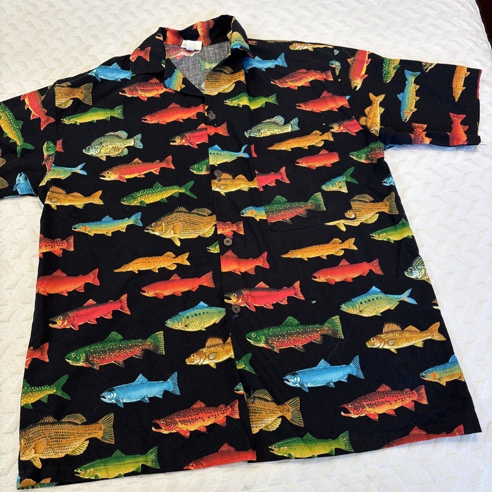 VTG 90s Shirt Black Colorful Fish All Over Print Short Sleeve Button Camp SZ Med